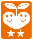 イラスト：白い枠線にオレンジの背景色、白のハートマークから双葉が生えている。ハートマークの上部両端には笑顔が、ハートマークの下に星が二つ描かれている。