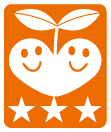 イラスト：白い枠線にオレンジの背景色、白のハートマークから双葉が生えている。ハートマークの上部両端には笑顔が、ハートマークの下に星が三つ描かれている。