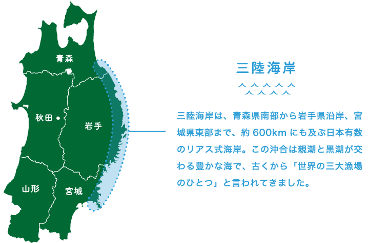 三陸海岸 三陸海岸は、青森県南部から岩手県沿岸、宮城県東部まで、約600kmにも及ぶ日本有数のリアス式海岸。この沖合は親潮と黒潮が交わる豊かな海で、古くから「世界の三大漁場のひとつ」と言われてきました。